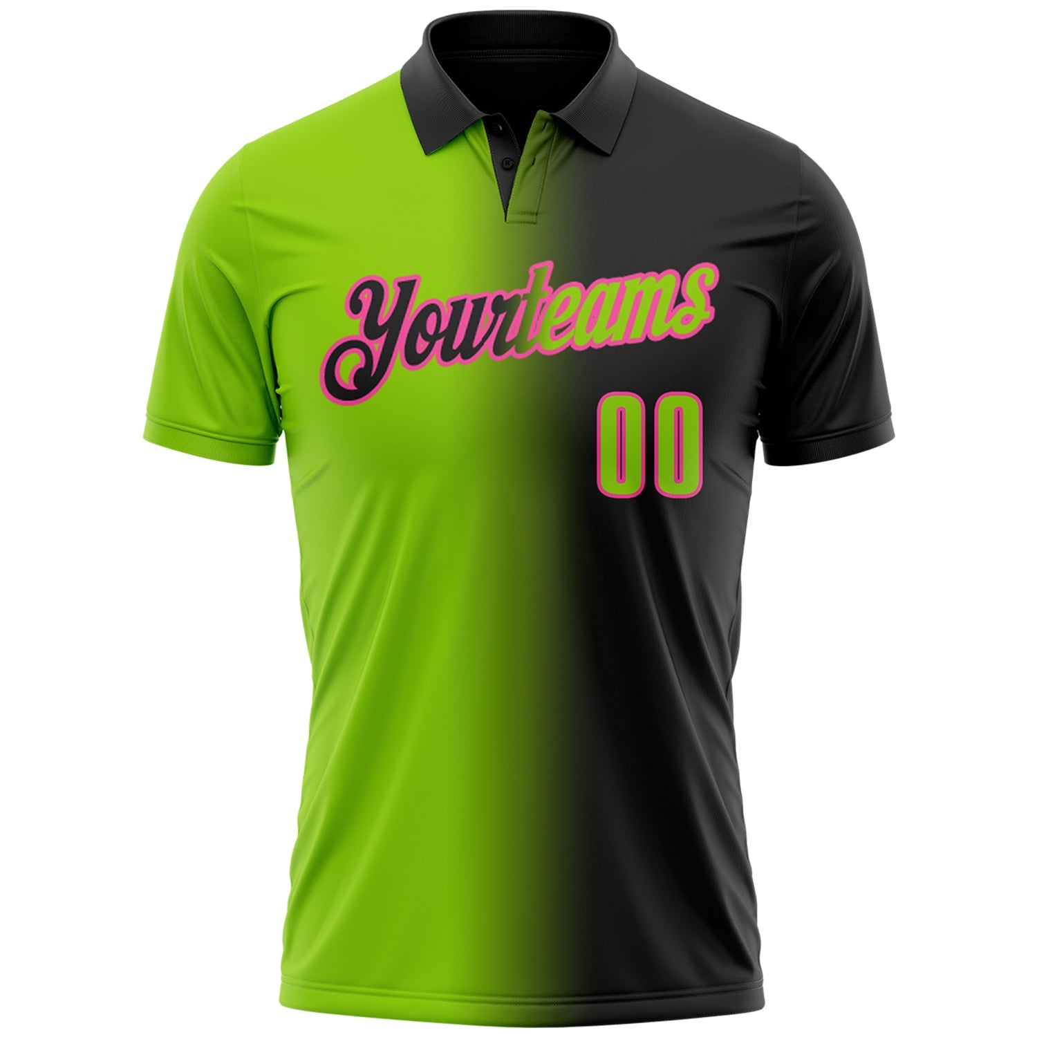 Custom Black Neon Green-Pink 3D Gradient Fashion Performance Polo Shirt view 2