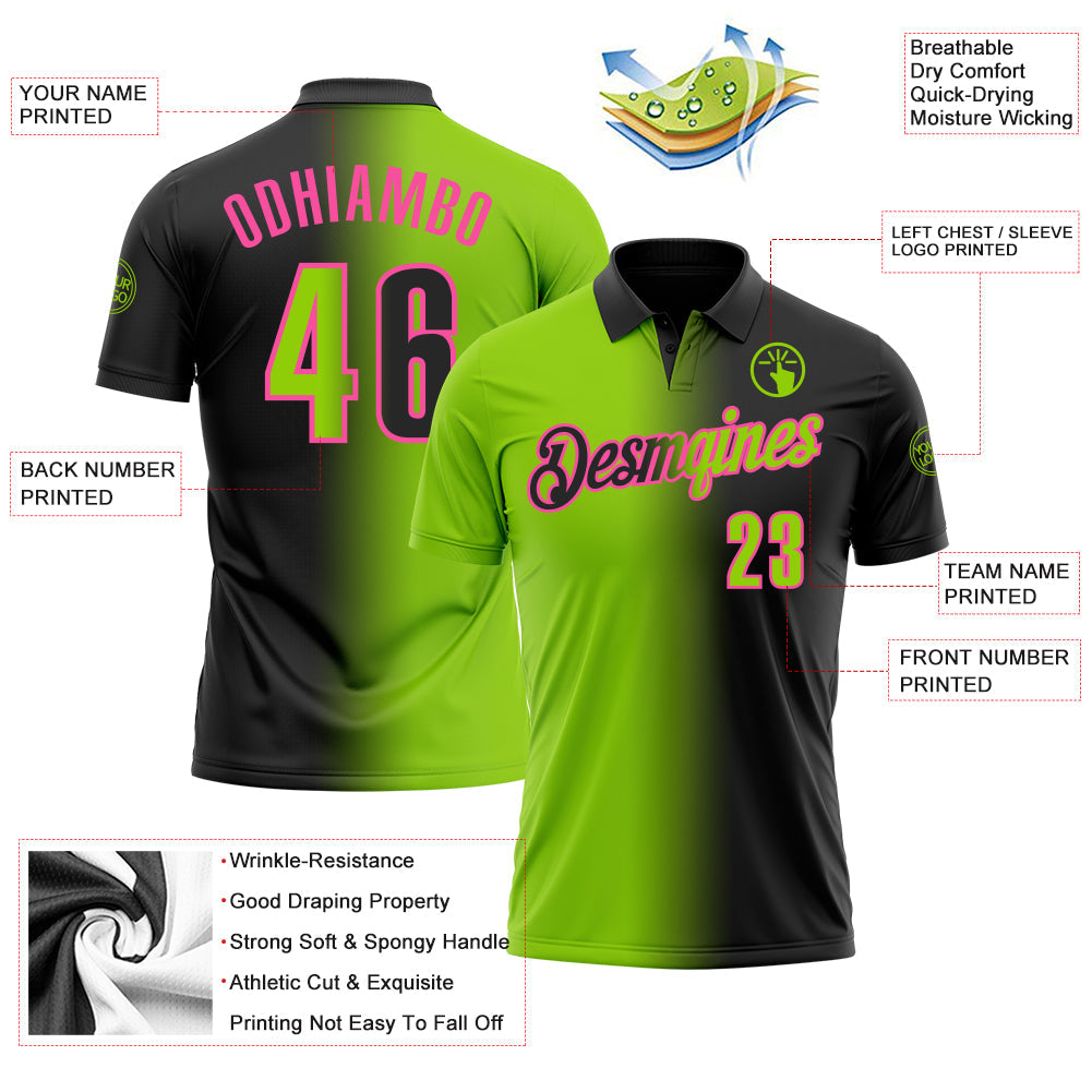 Custom Black Neon Green-Pink 3D Gradient Fashion Performance Polo Shirt view 3