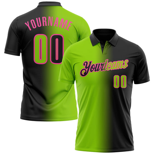 Custom Black Neon Green-Pink 3D Gradient Fashion Performance Polo Shirt - Main View
