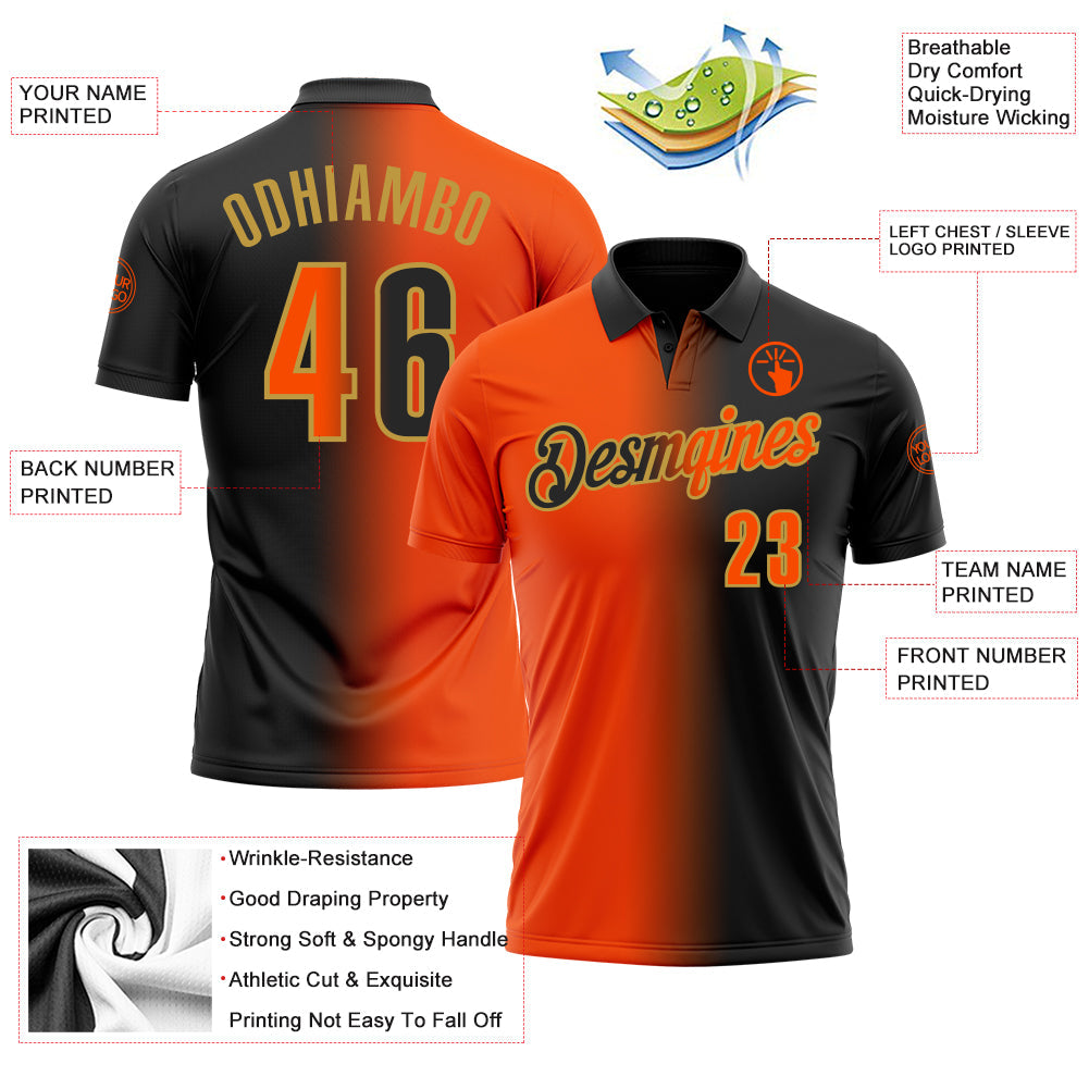 Custom Black Orange-Old Gold 3D Gradient Fashion Performance Polo Shirt view 3