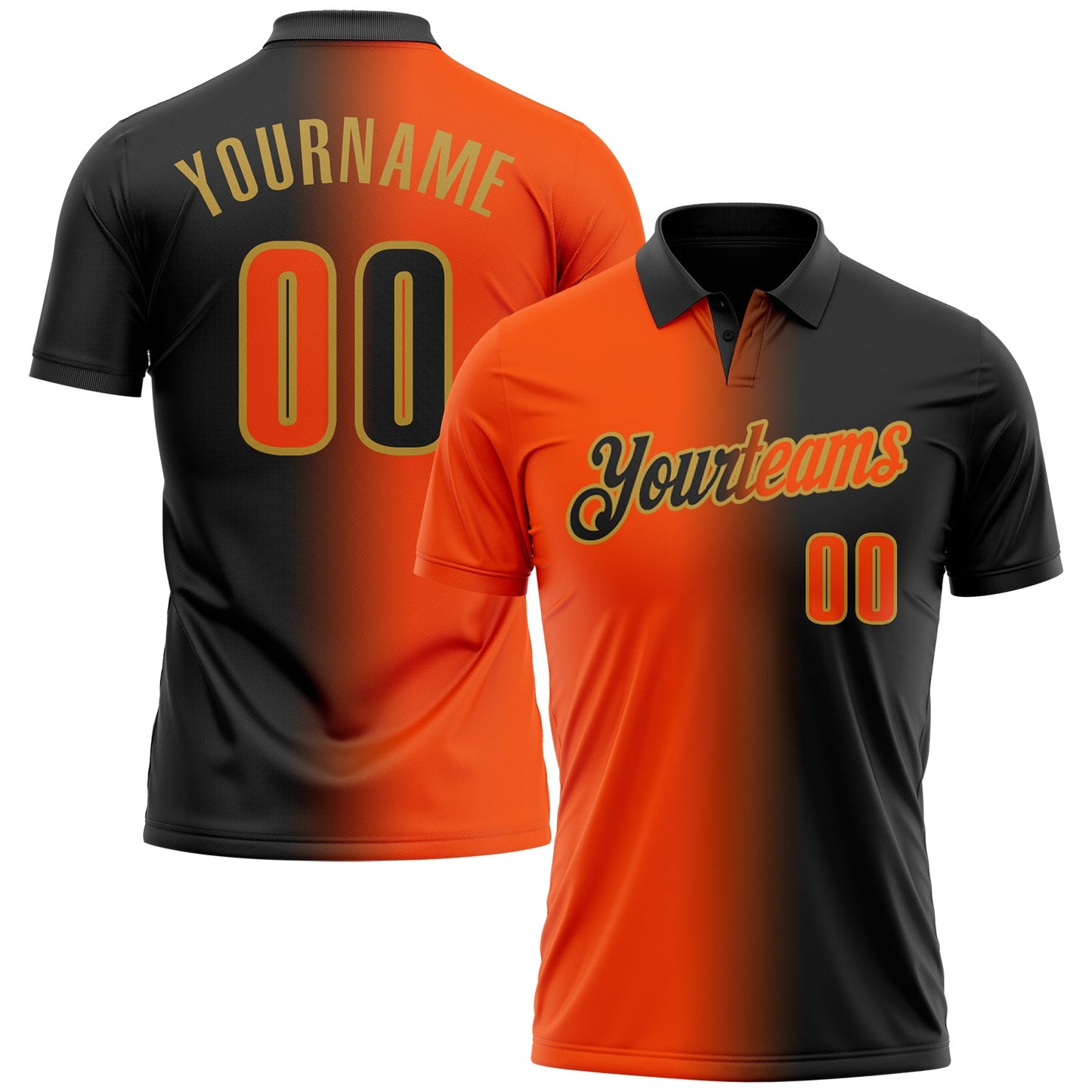 Custom Black Orange-Old Gold 3D Gradient Fashion Performance Polo Shirt - Main View