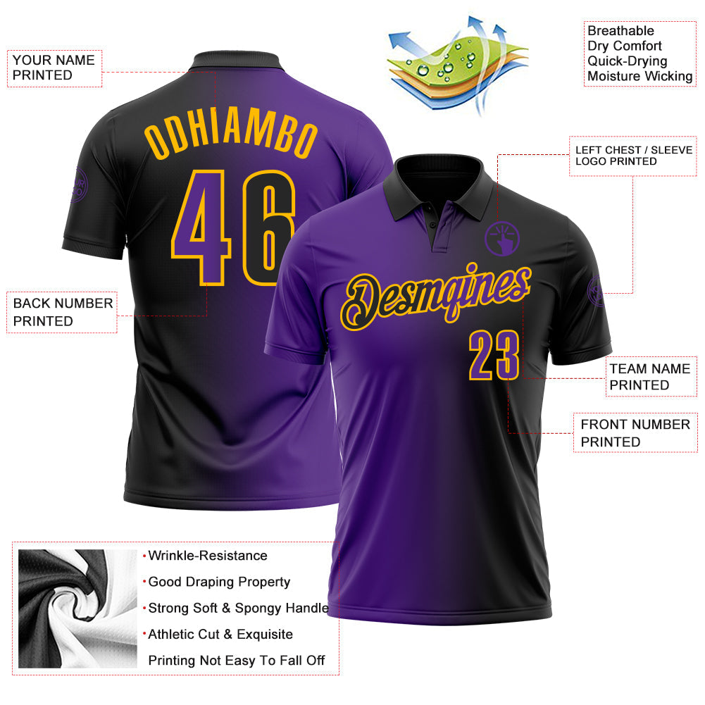 Custom Black Purple-Gold 3D Gradient Fashion Performance Polo Shirt view 3