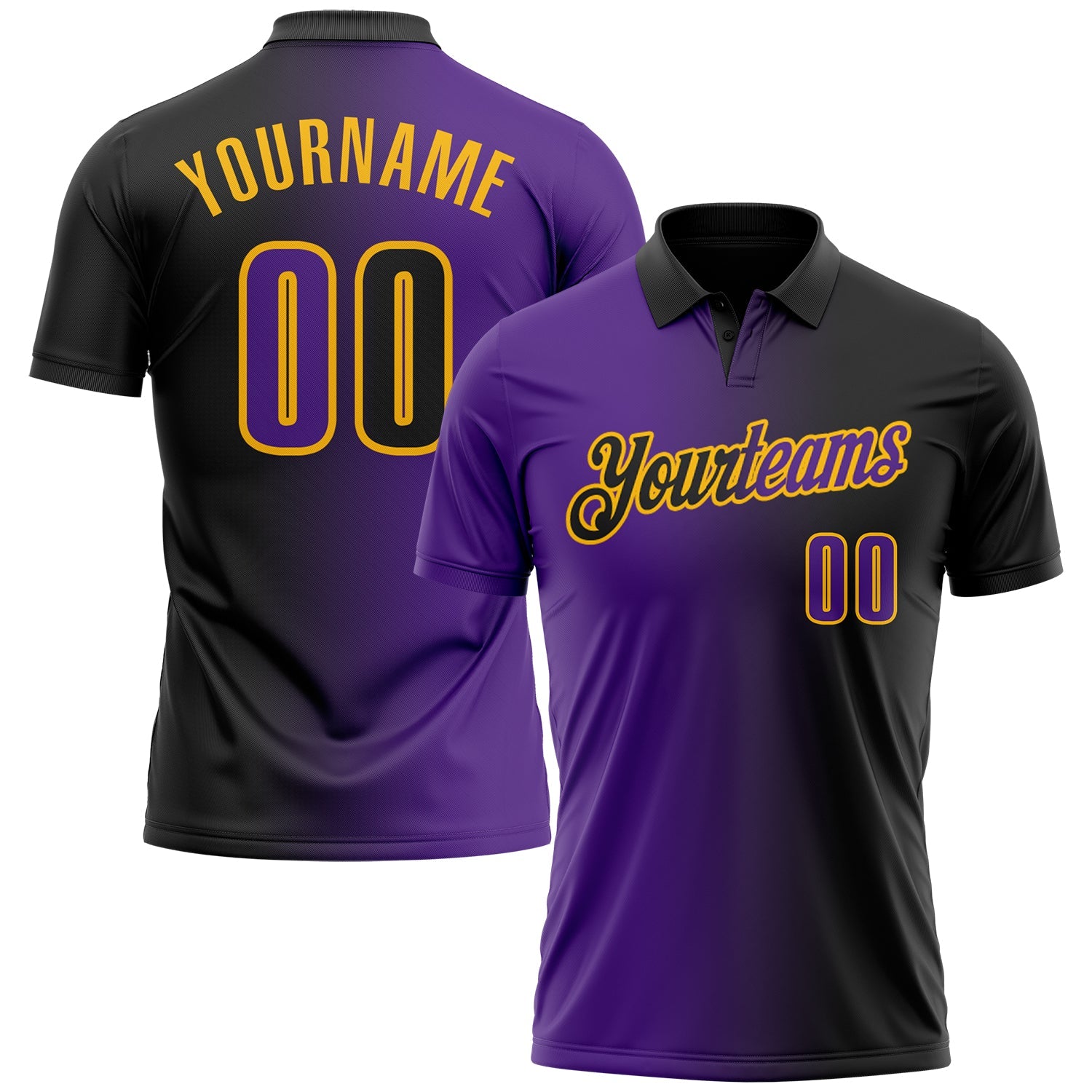 Custom Black Purple-Gold 3D Gradient Fashion Performance Polo Shirt - Main View