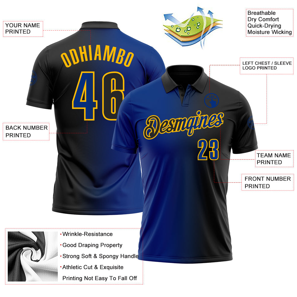 Custom Black Royal-Gold 3D Gradient Fashion Performance Polo Shirt view 3