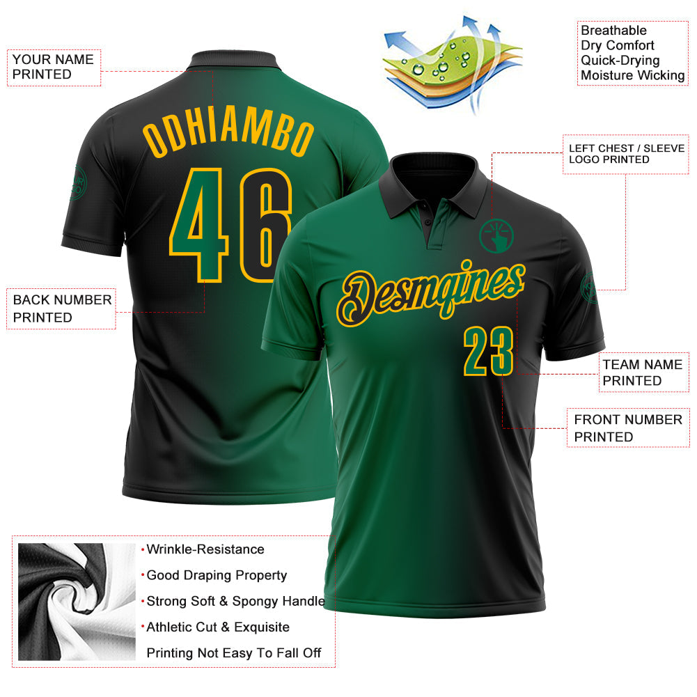 Custom Black Kelly Green-Gold 3D Gradient Fashion Performance Polo Shirt view 3