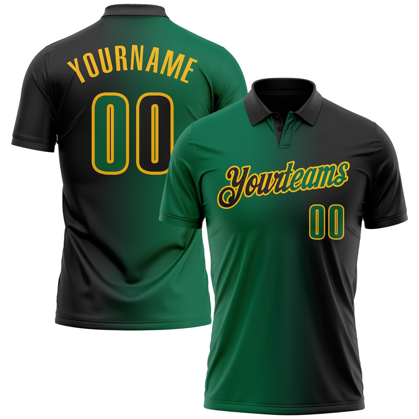 Custom Black Kelly Green-Gold 3D Gradient Fashion Performance Polo Shirt - Main View