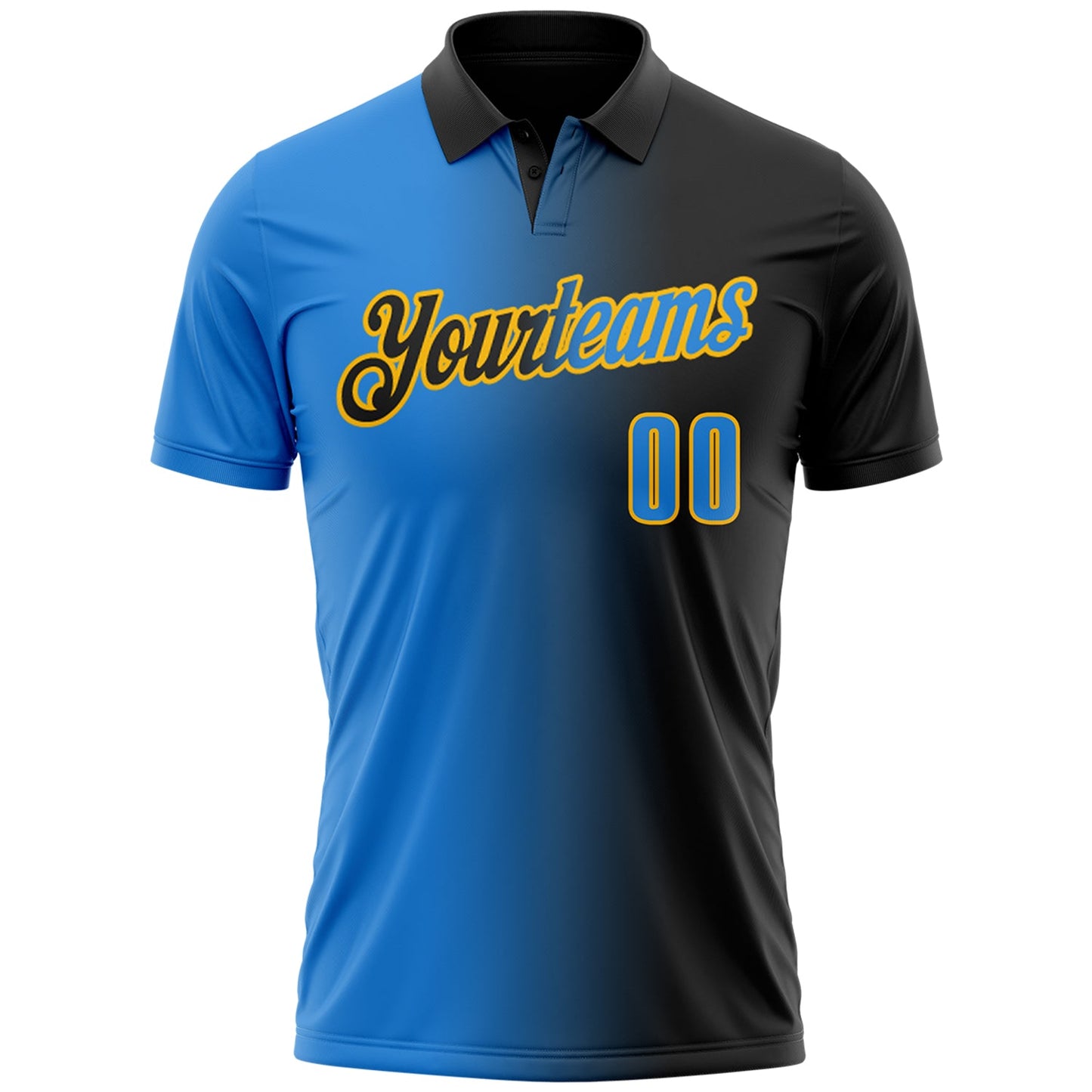 Custom Black Powder Blue-Gold 3D Gradient Fashion Performance Polo Shirt view 2