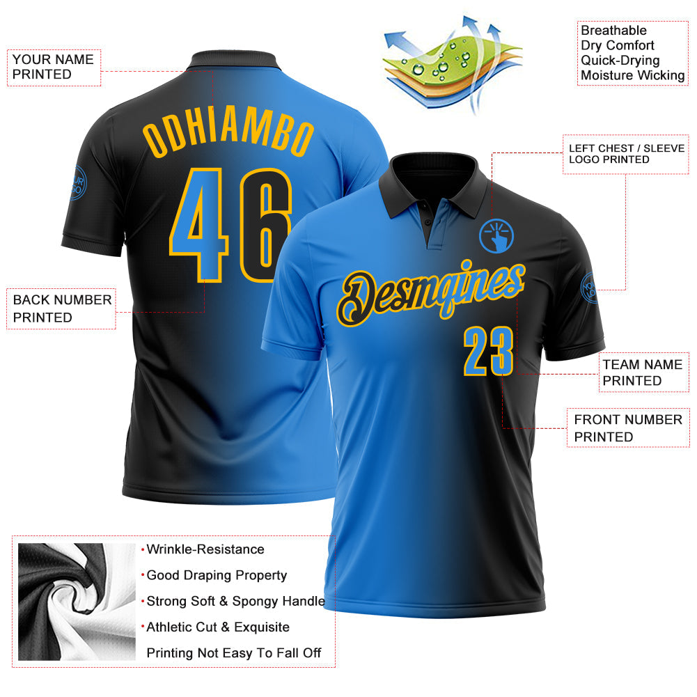 Custom Black Powder Blue-Gold 3D Gradient Fashion Performance Polo Shirt view 3