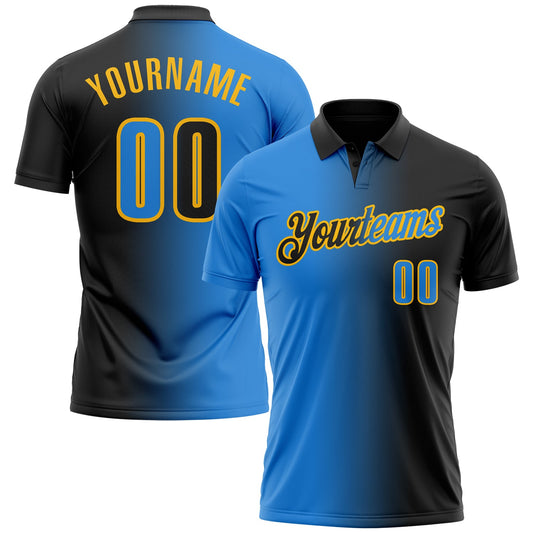 Custom Black Powder Blue-Gold 3D Gradient Fashion Performance Polo Shirt - Main View