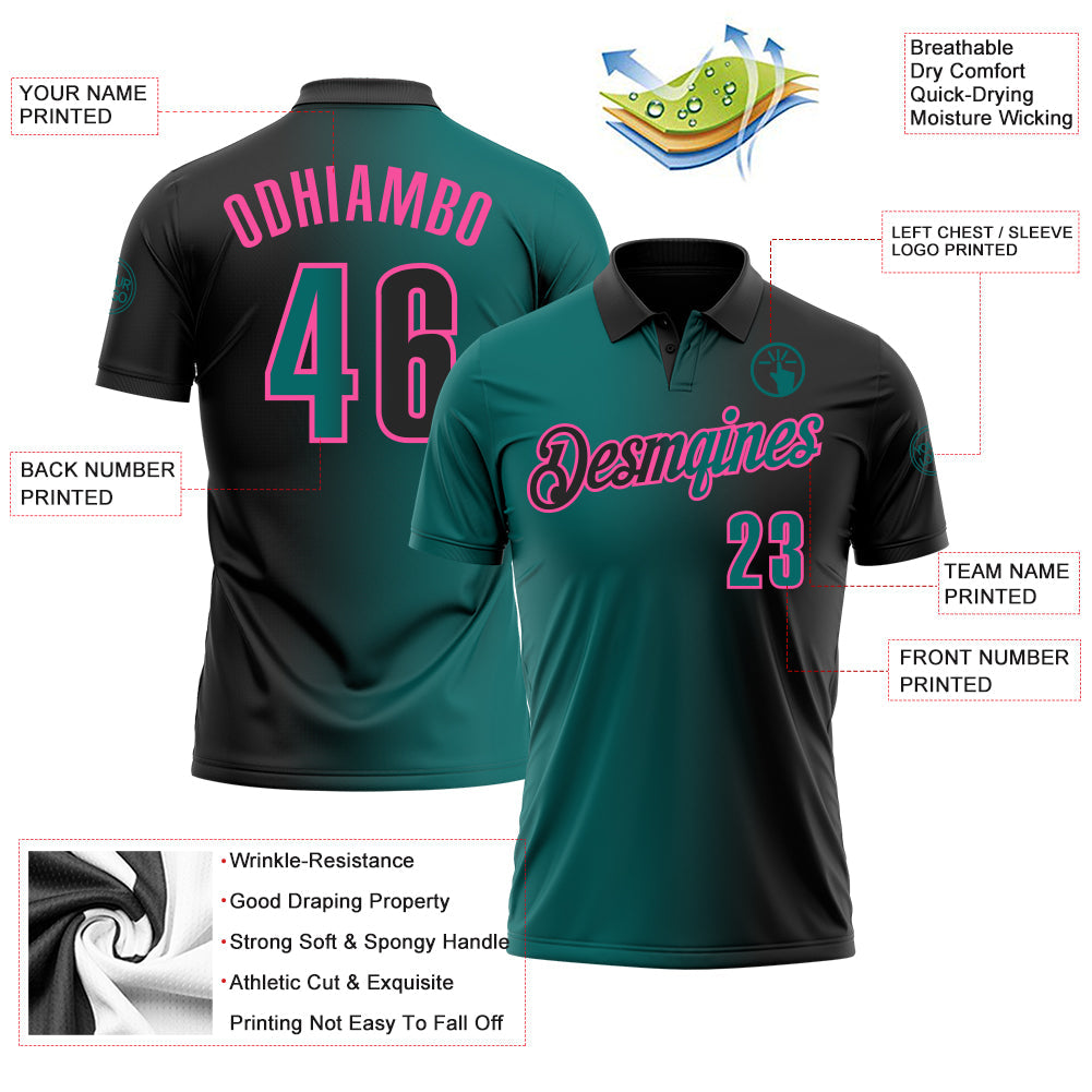 Custom Black Teal-Pink 3D Gradient Fashion Performance Polo Shirt view 3