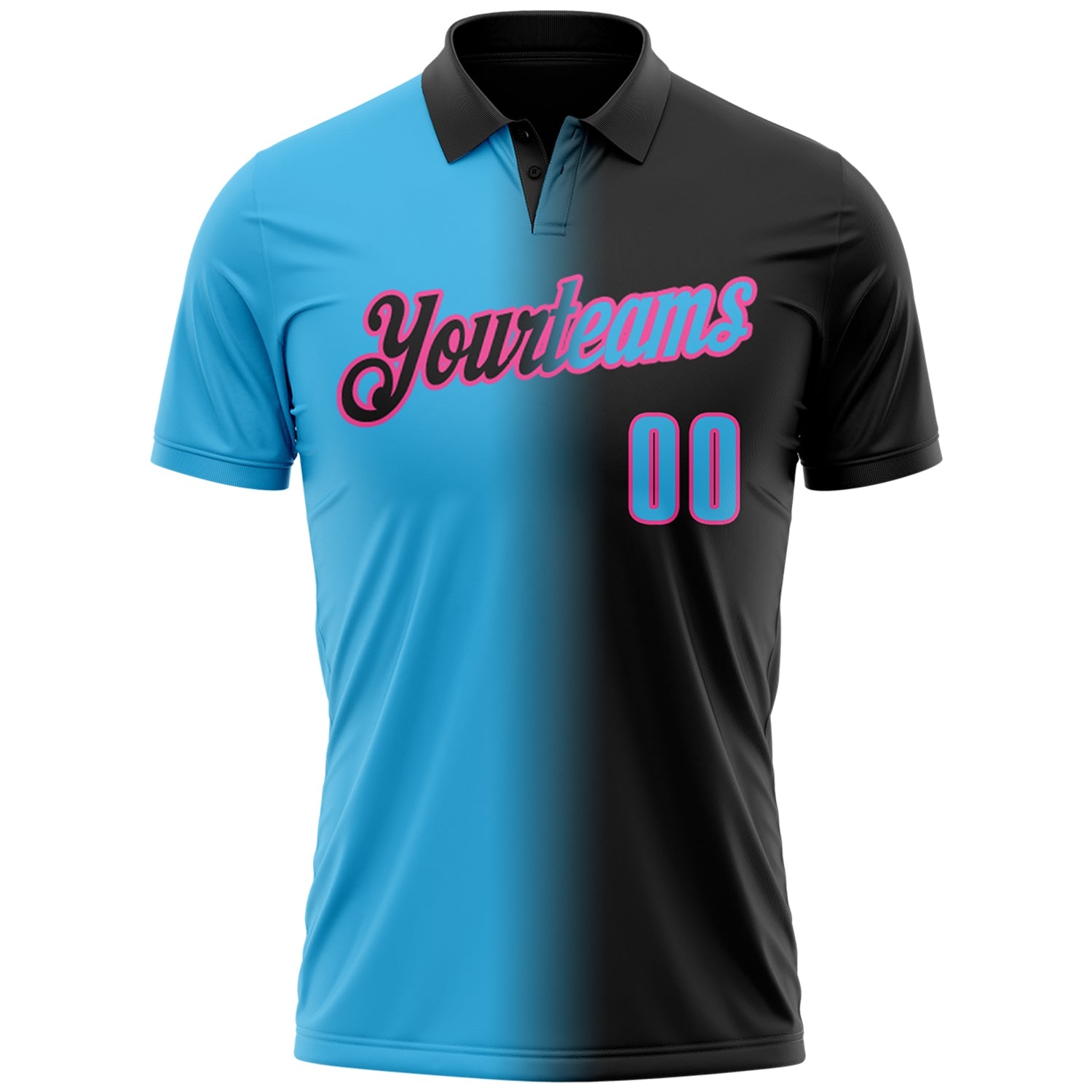 Custom Black Sky Blue-Pink 3D Gradient Fashion Performance Polo Shirt view 2