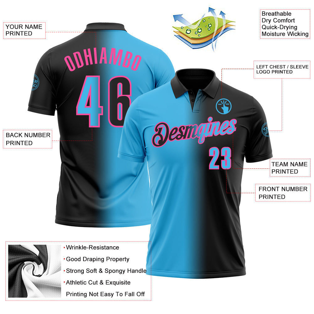 Custom Black Sky Blue-Pink 3D Gradient Fashion Performance Polo Shirt view 3