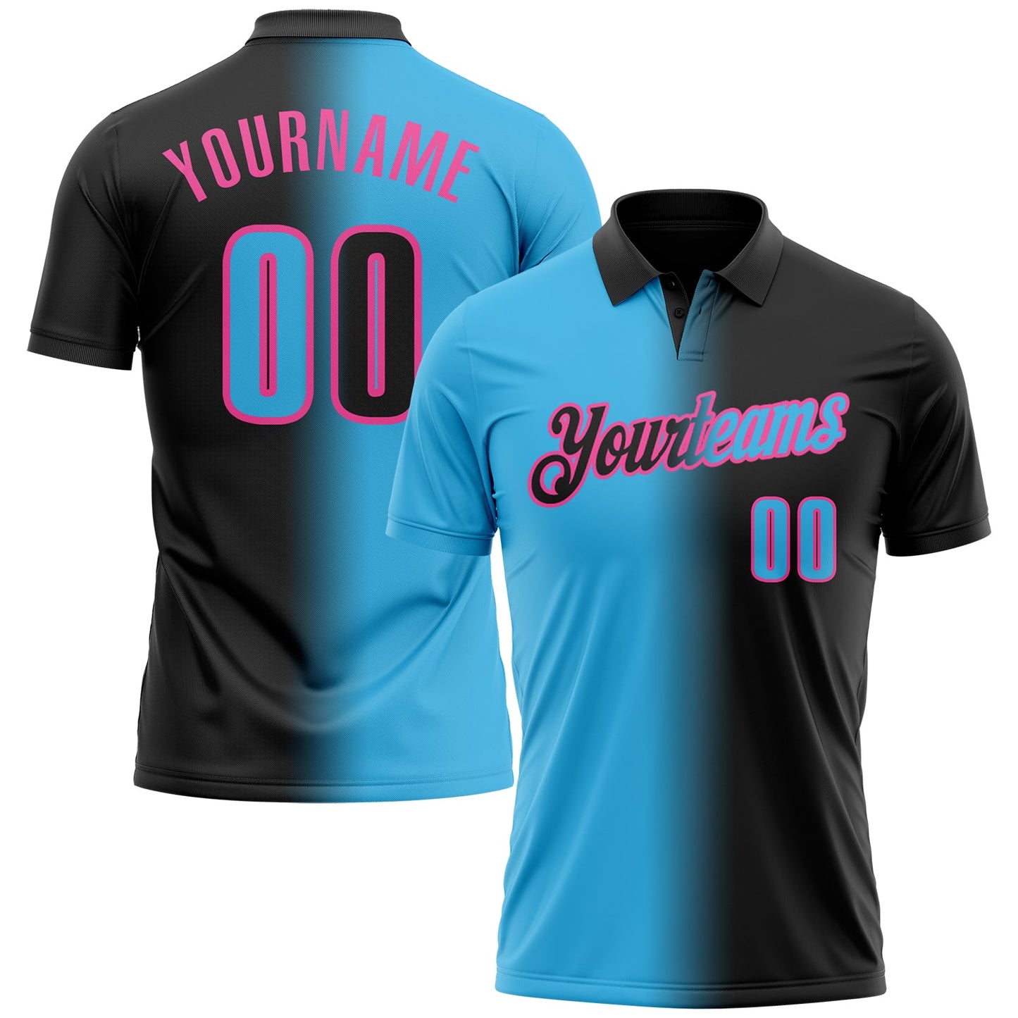 Custom Black Sky Blue-Pink 3D Gradient Fashion Performance Polo Shirt - Main View