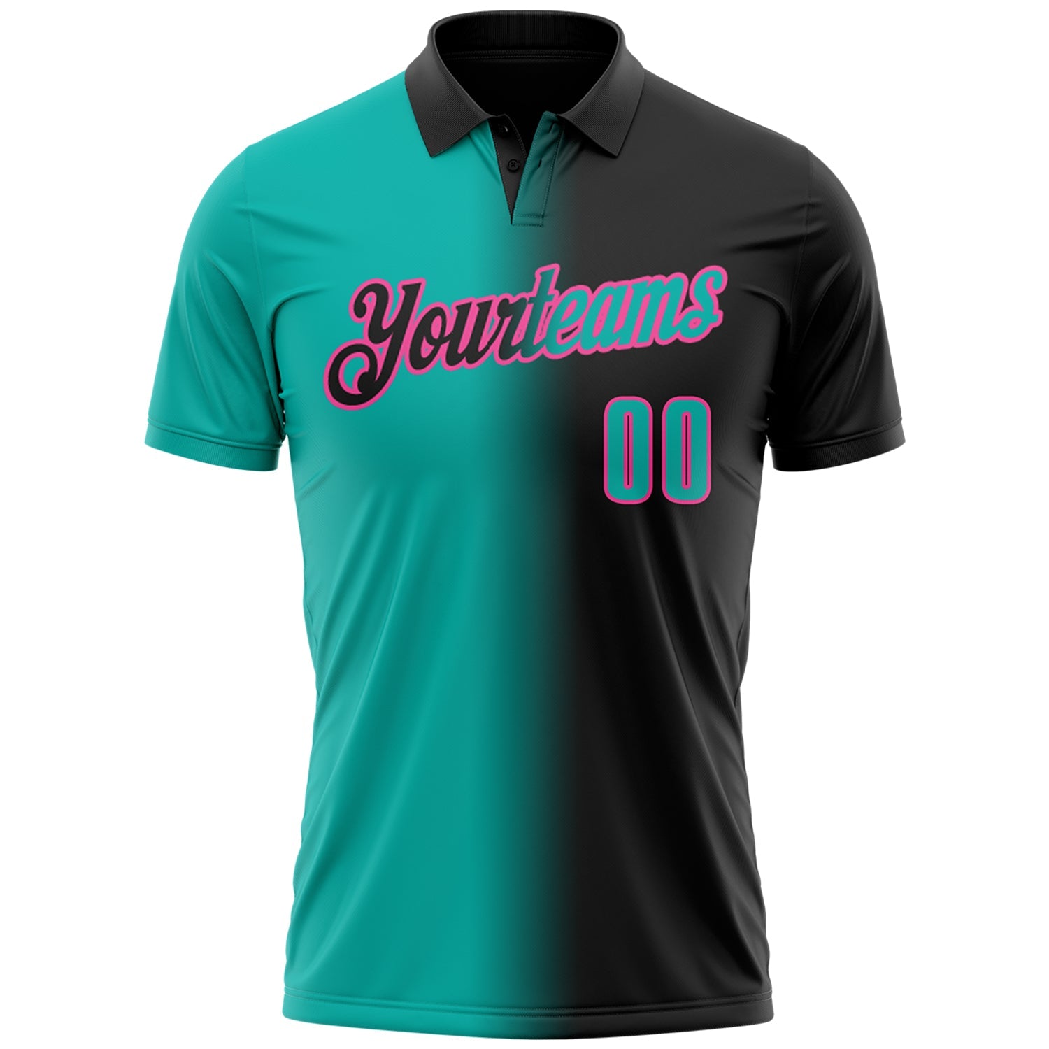 Custom Black Aqua-Pink 3D Gradient Fashion Performance Polo Shirt view 2