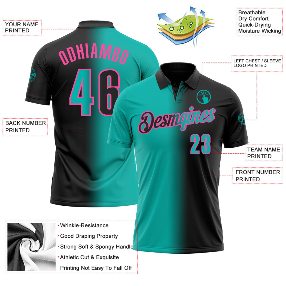 Custom Black Aqua-Pink 3D Gradient Fashion Performance Polo Shirt view 3