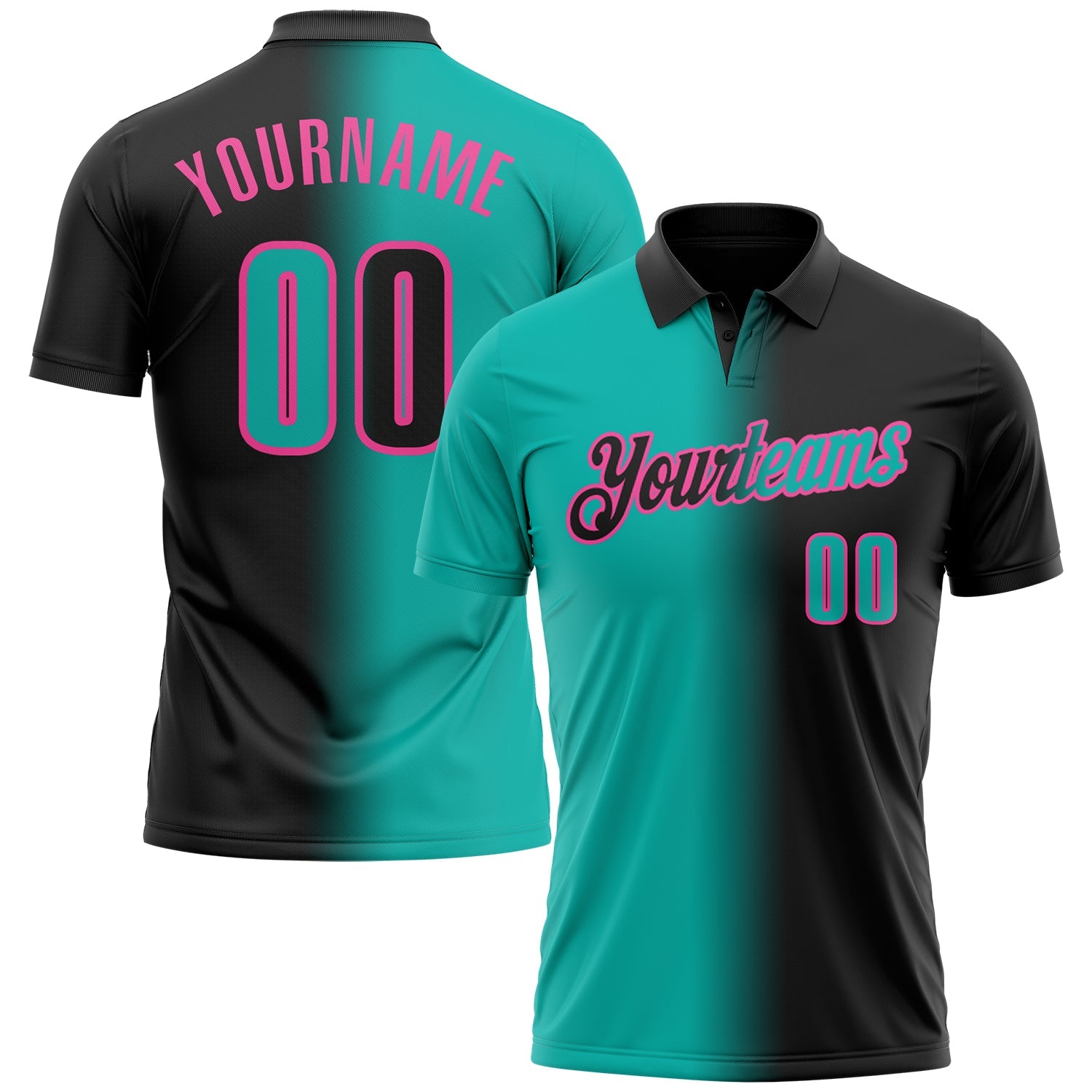 Custom Black Aqua-Pink 3D Gradient Fashion Performance Polo Shirt - Main View