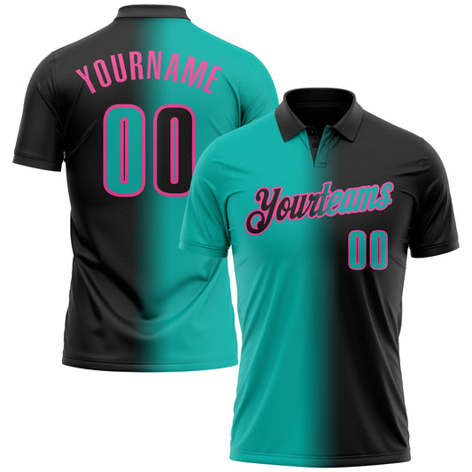 Custom Black Aqua-Pink 3D Gradient Fashion Performance Polo Shirt - Main View