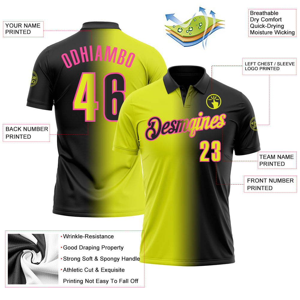 Custom Black Neon Yellow-Pink 3D Gradient Fashion Performance Polo Shirt view 3