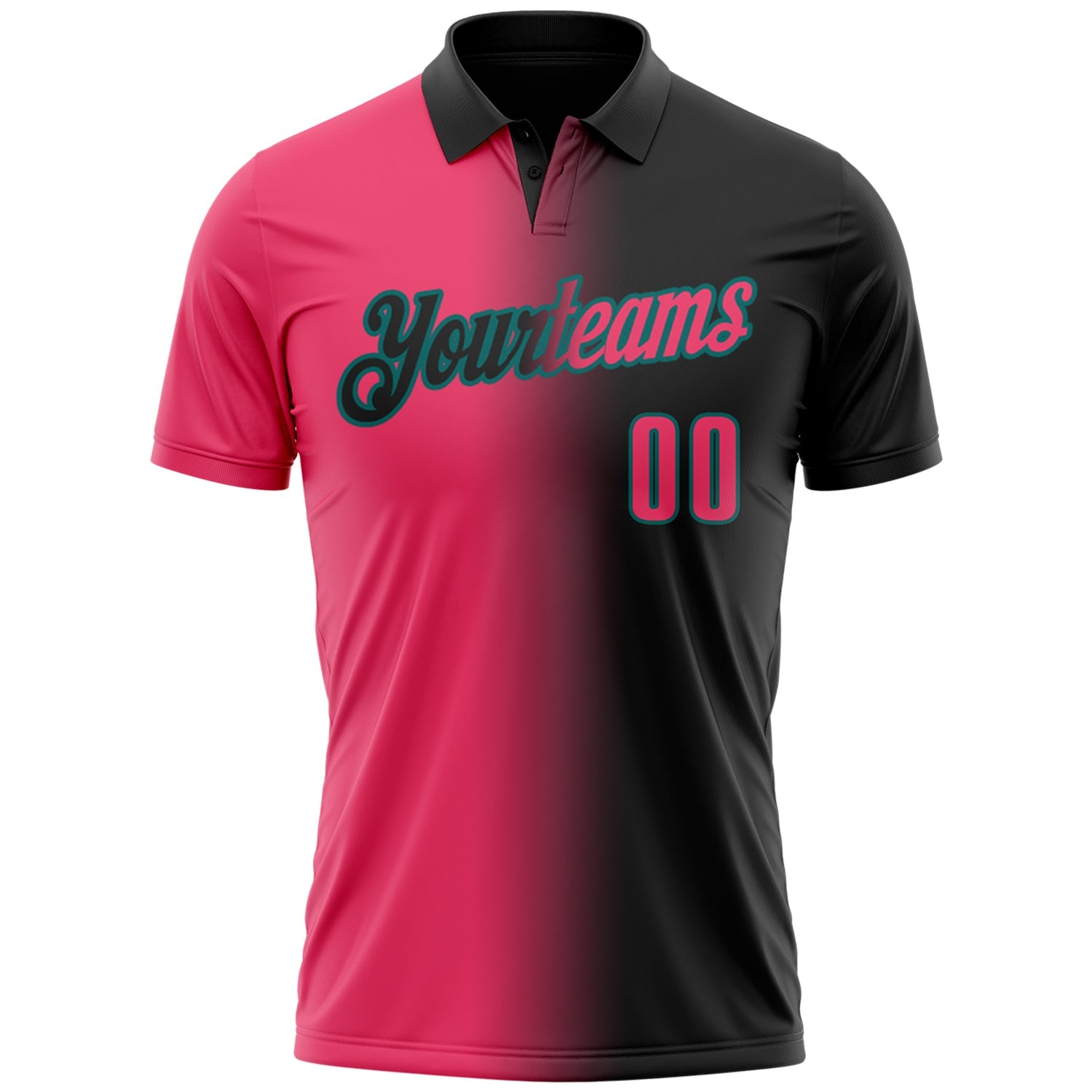 Custom Black Neon Pink-Teal 3D Gradient Fashion Performance Polo Shirt view 2
