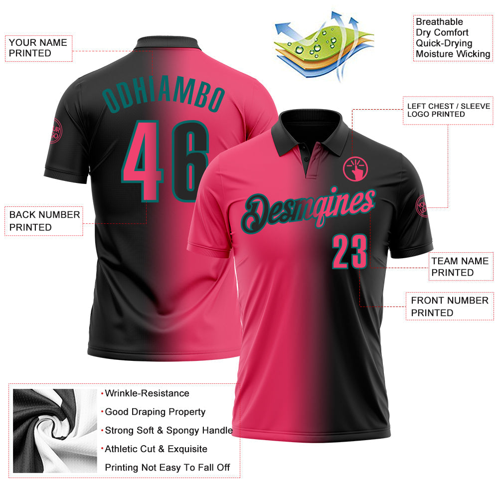 Custom Black Neon Pink-Teal 3D Gradient Fashion Performance Polo Shirt view 3