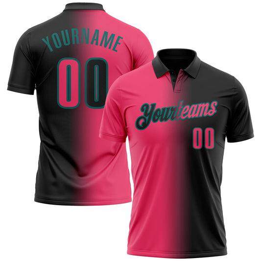 Custom Black Neon Pink-Teal 3D Gradient Fashion Performance Polo Shirt - Main View