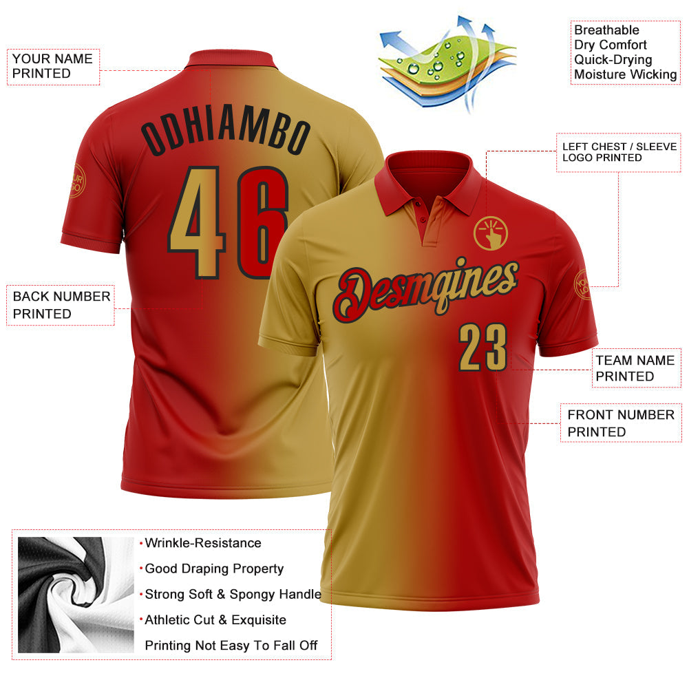 Custom Red Old Gold-Black 3D Gradient Fashion Performance Polo Shirt view 3