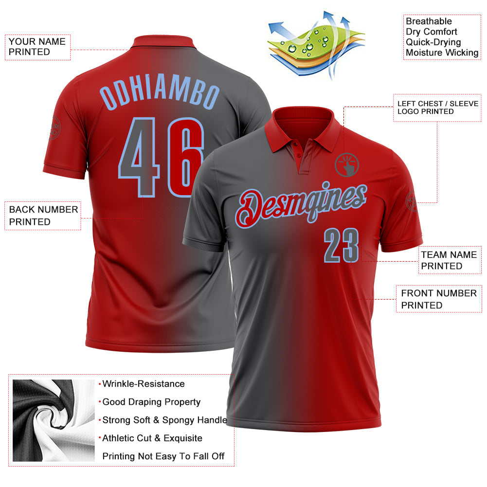 Custom Red Steel Gray-Light Blue 3D Gradient Fashion Performance Polo Shirt view 3