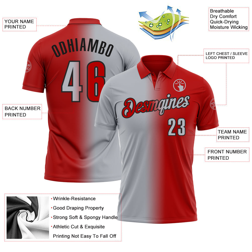 Custom Red Gray-Black 3D Gradient Fashion Performance Polo Shirt view 3