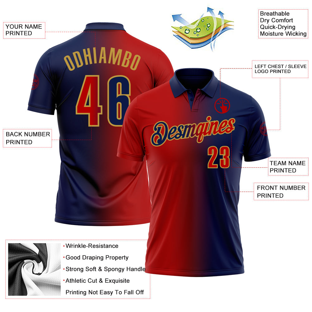 Custom Navy Red-Old Gold 3D Gradient Fashion Performance Polo Shirt view 3
