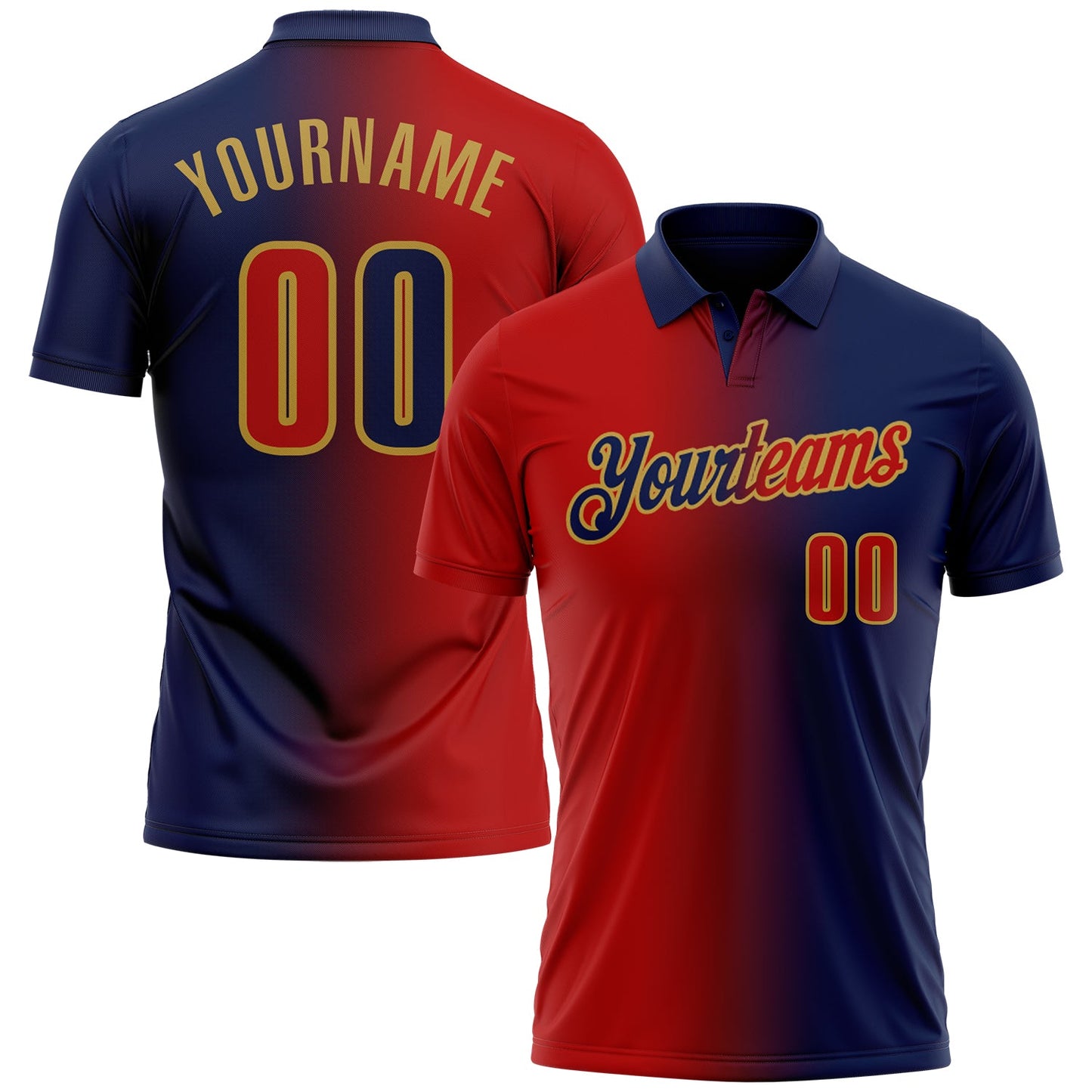 Custom Navy Red-Old Gold 3D Gradient Fashion Performance Polo Shirt - Main View