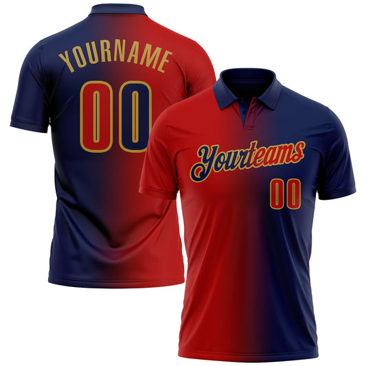 Custom Navy Red-Old Gold 3D Gradient Fashion Performance Polo Shirt - Main View