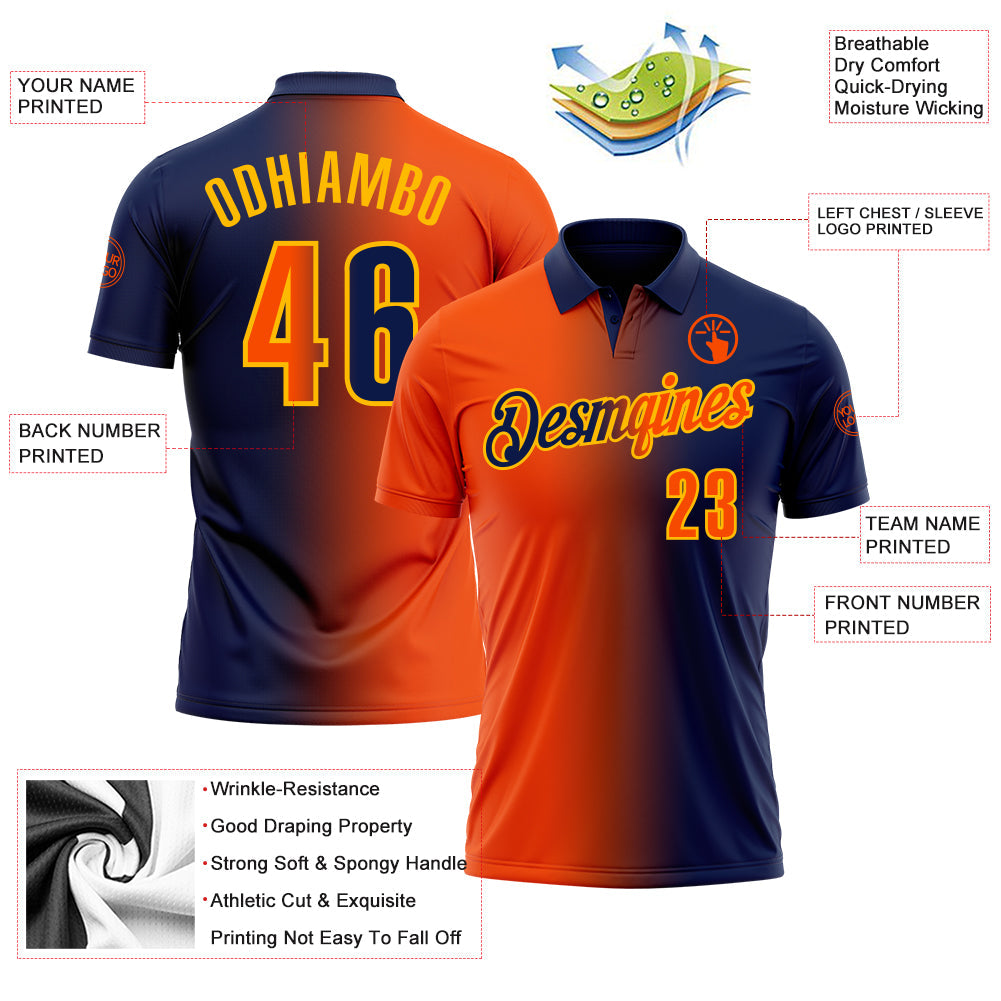 Custom Navy Orange-Gold 3D Gradient Fashion Performance Polo Shirt view 3