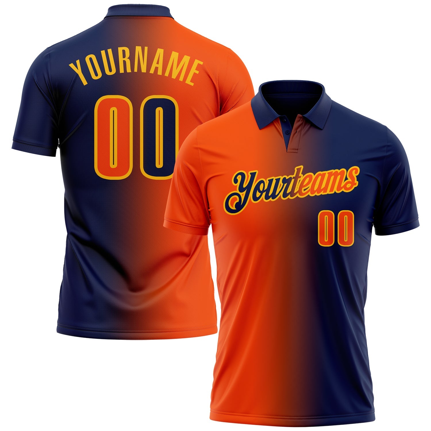 Custom Navy Orange-Gold 3D Gradient Fashion Performance Polo Shirt - Main View
