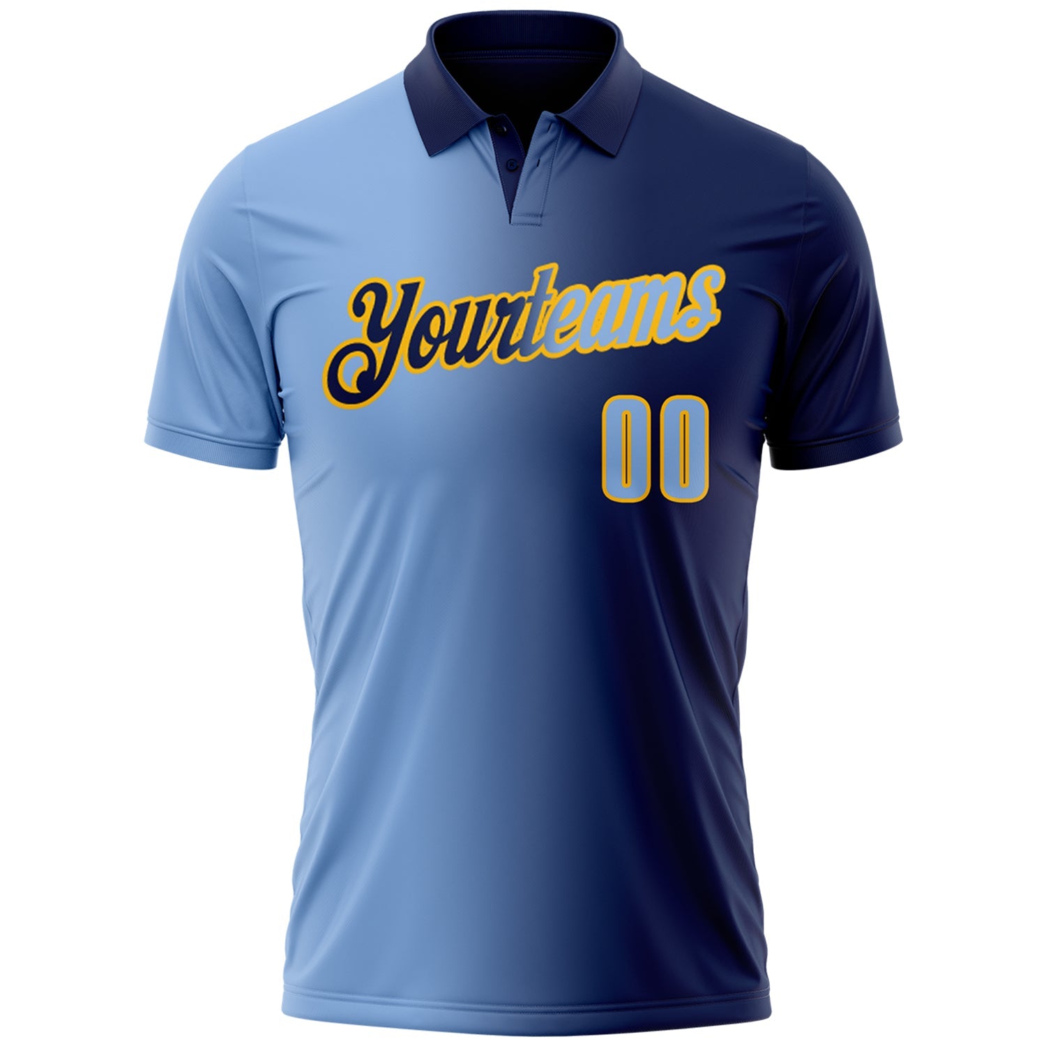 Custom Navy Light Blue-Gold 3D Gradient Fashion Performance Polo Shirt view 2
