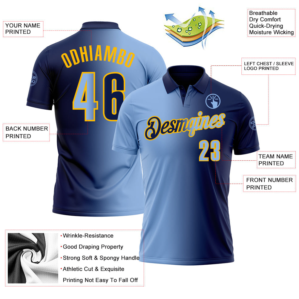 Custom Navy Light Blue-Gold 3D Gradient Fashion Performance Polo Shirt view 3