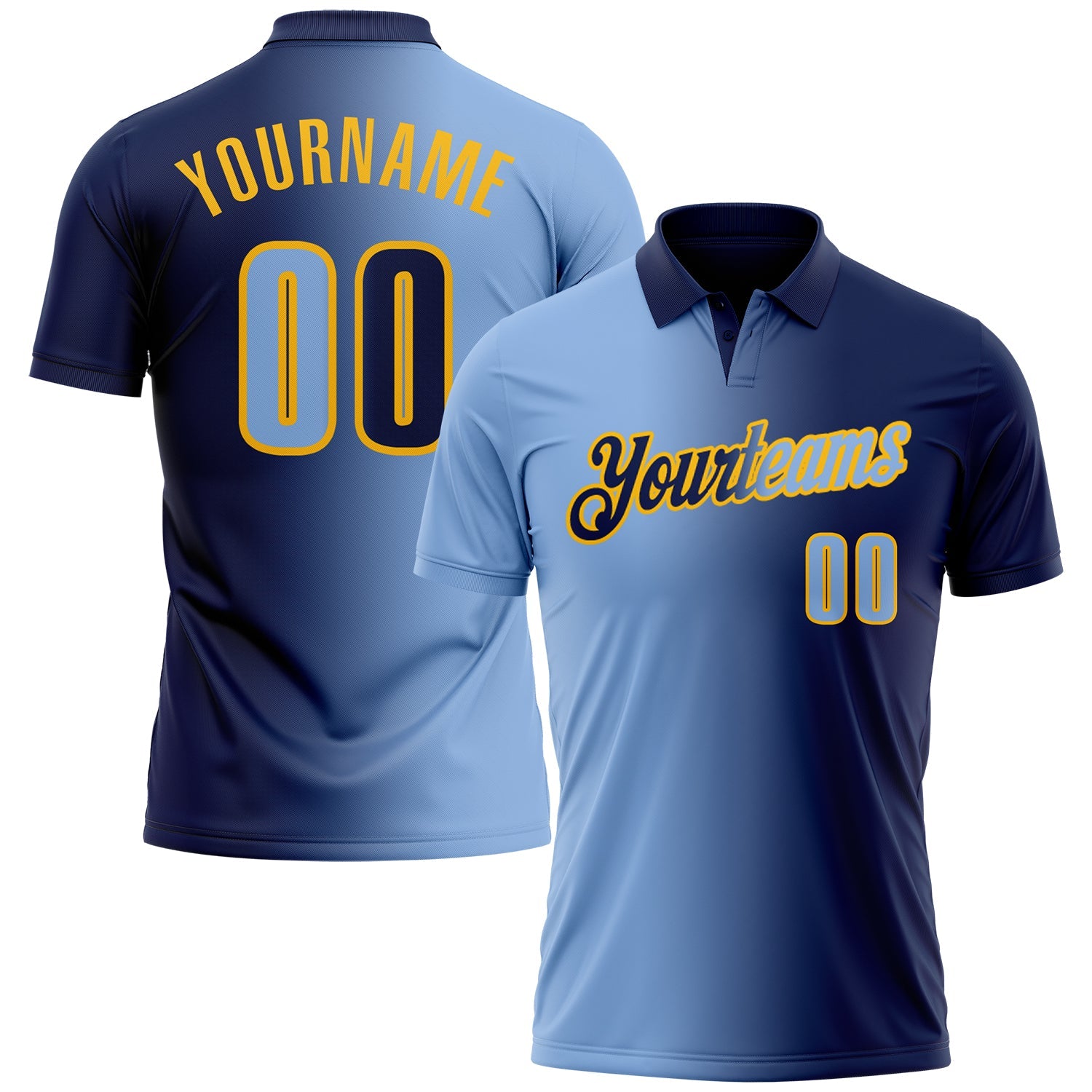 Custom Navy Light Blue-Gold 3D Gradient Fashion Performance Polo Shirt - Main View