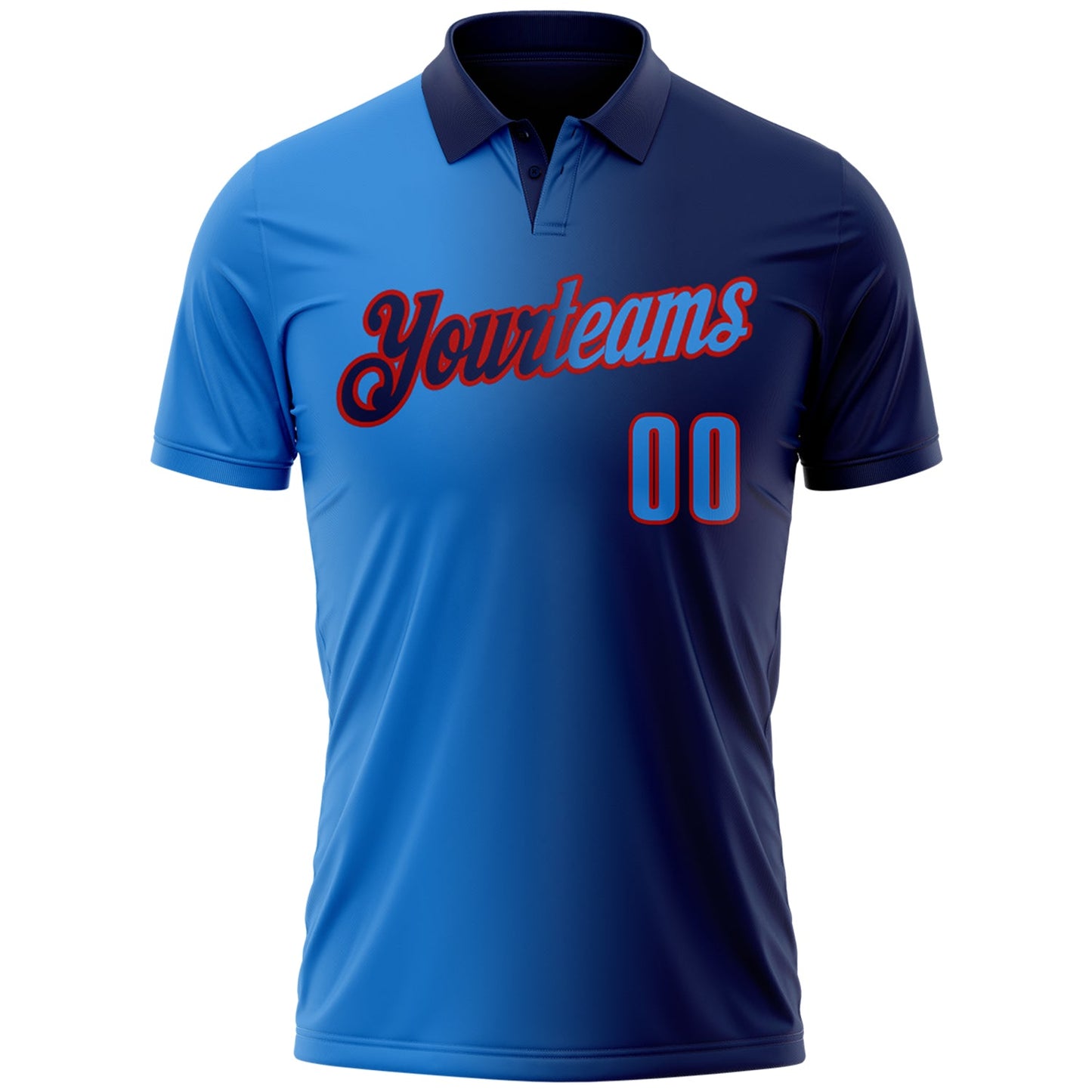 Custom Navy Powder Blue-Red 3D Gradient Fashion Performance Polo Shirt view 2