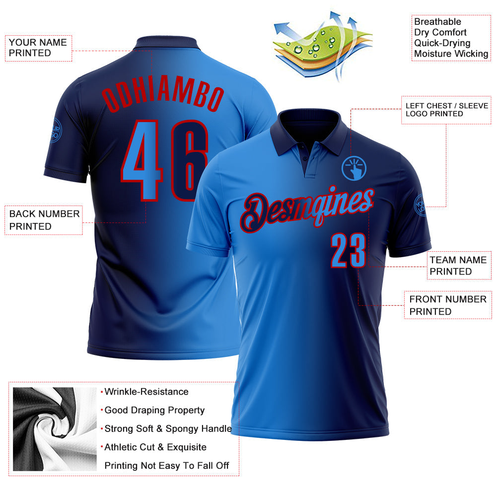 Custom Navy Powder Blue-Red 3D Gradient Fashion Performance Polo Shirt view 3
