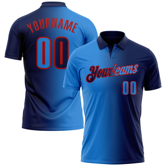 Custom Navy Powder Blue-Red 3D Gradient Fashion Performance Polo Shirt - Main View