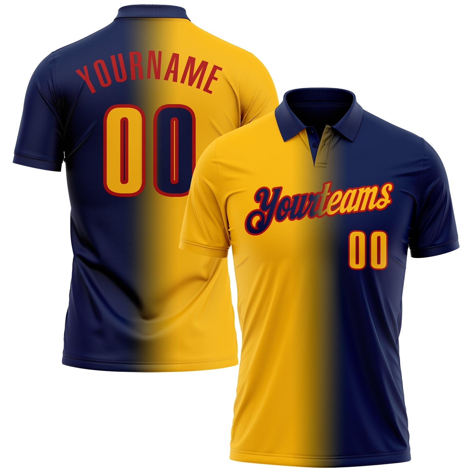 Custom Navy Gold-Red 3D Gradient Fashion Performance Polo Shirt - Main View