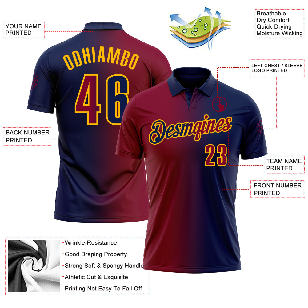 Custom Navy Maroon-Gold 3D Gradient Fashion Performance Polo Shirt view 3