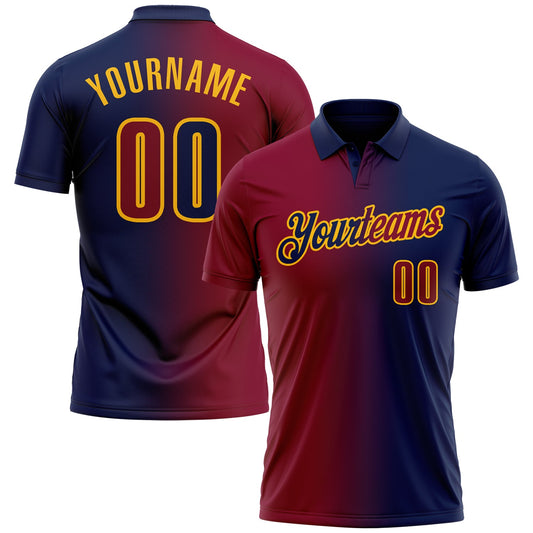 Custom Navy Maroon-Gold 3D Gradient Fashion Performance Polo Shirt - Main View