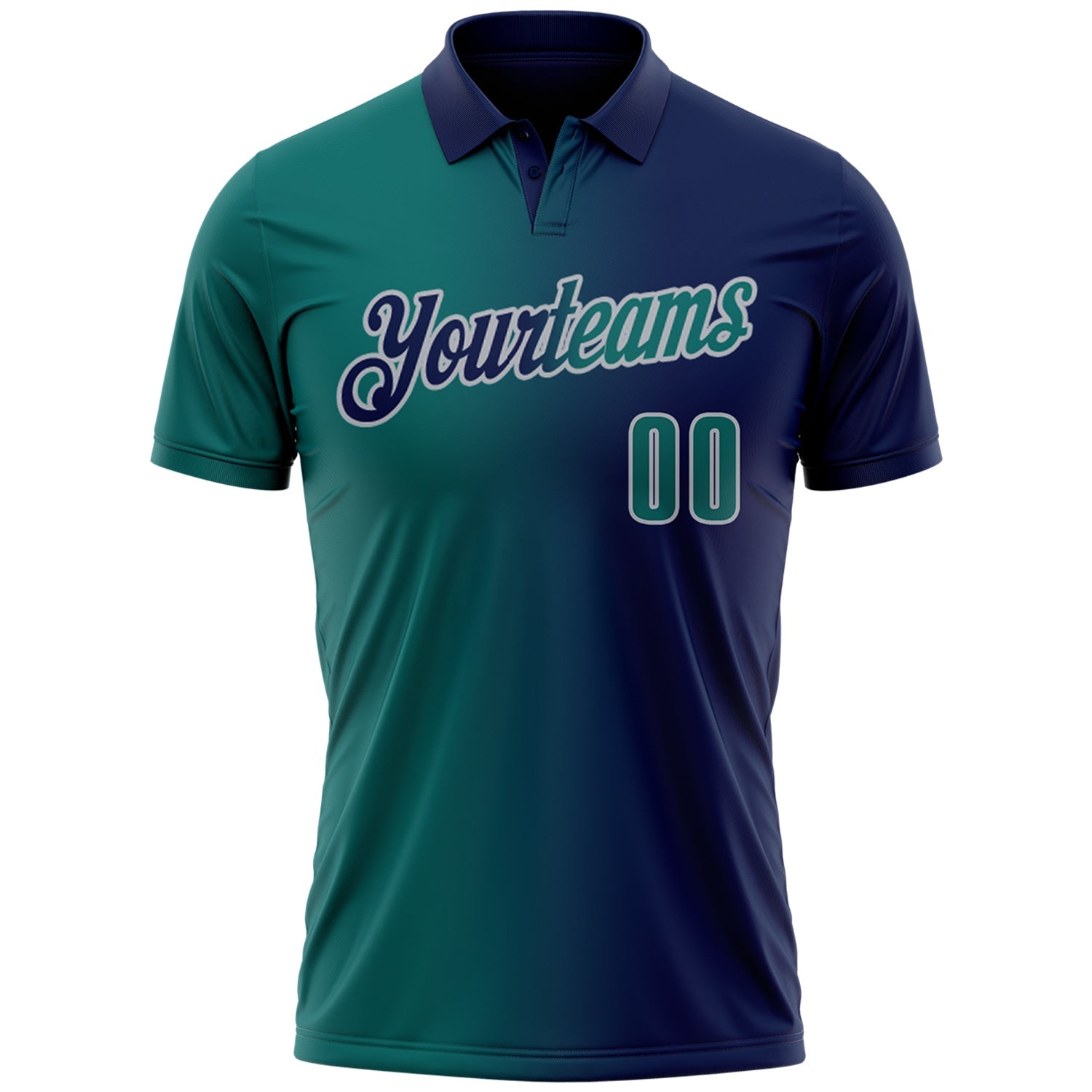 Custom Navy Teal-Gray 3D Gradient Fashion Performance Polo Shirt view 2