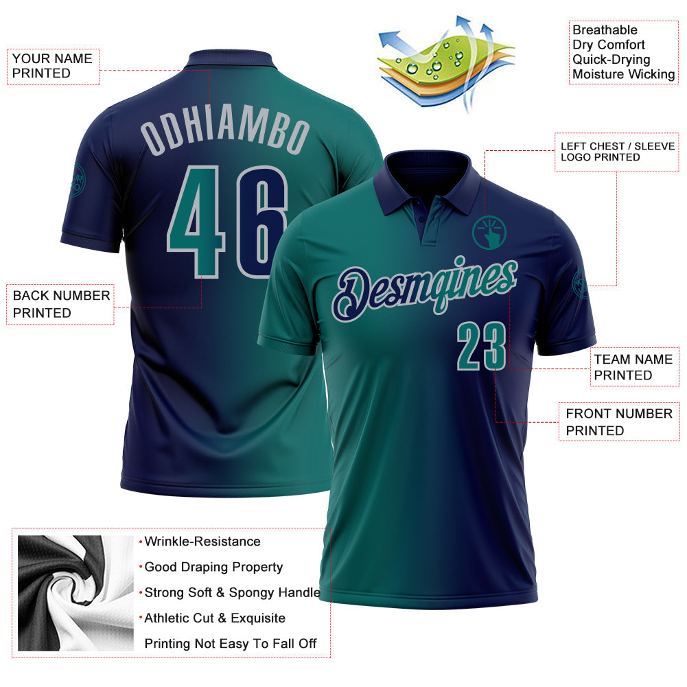 Custom Navy Teal-Gray 3D Gradient Fashion Performance Polo Shirt view 3