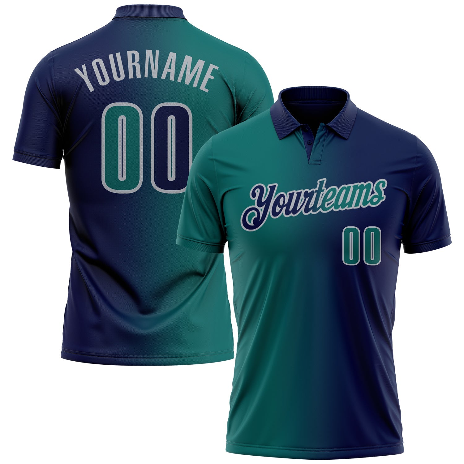 Custom Navy Teal-Gray 3D Gradient Fashion Performance Polo Shirt - Main View