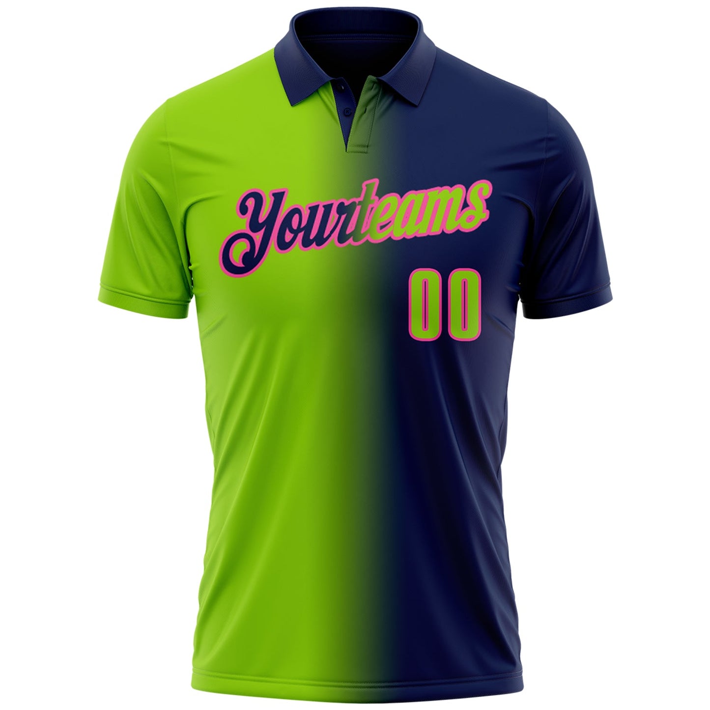 Custom Navy Neon Green-Pink 3D Gradient Fashion Performance Polo Shirt view 2