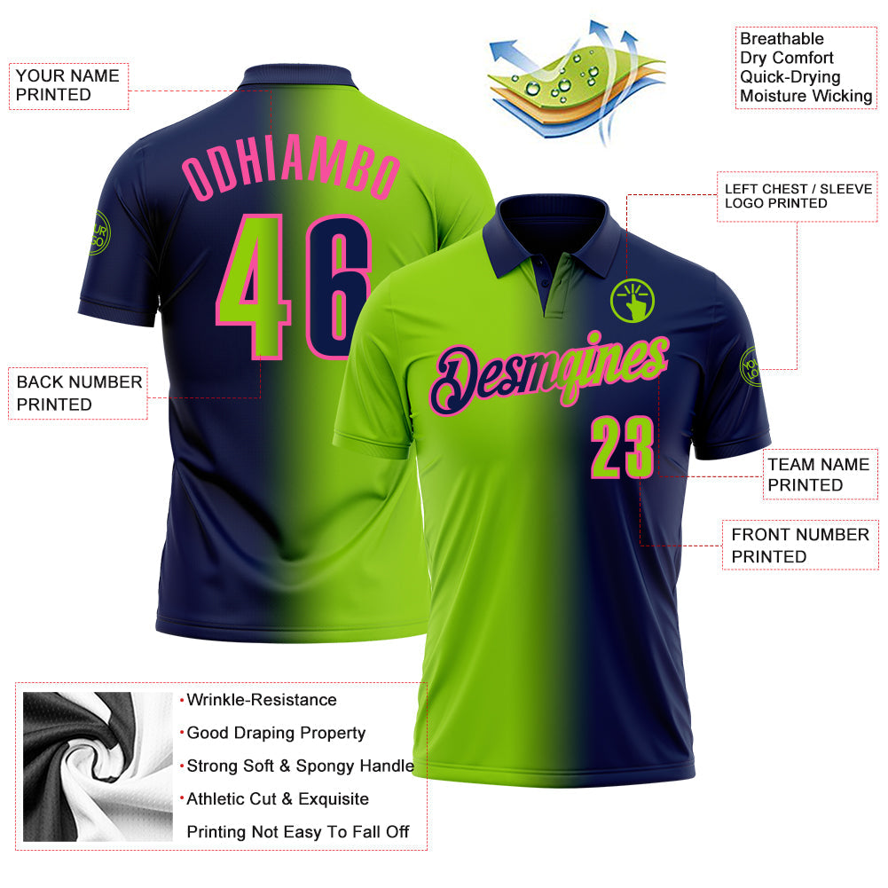 Custom Navy Neon Green-Pink 3D Gradient Fashion Performance Polo Shirt view 3