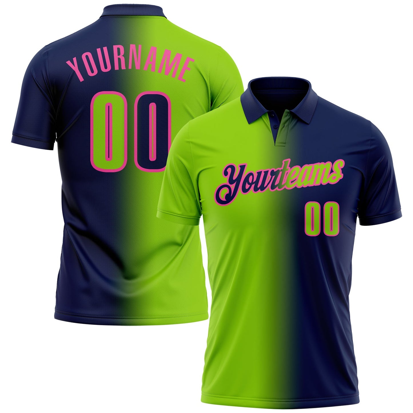 Custom Navy Neon Green-Pink 3D Gradient Fashion Performance Polo Shirt - Main View