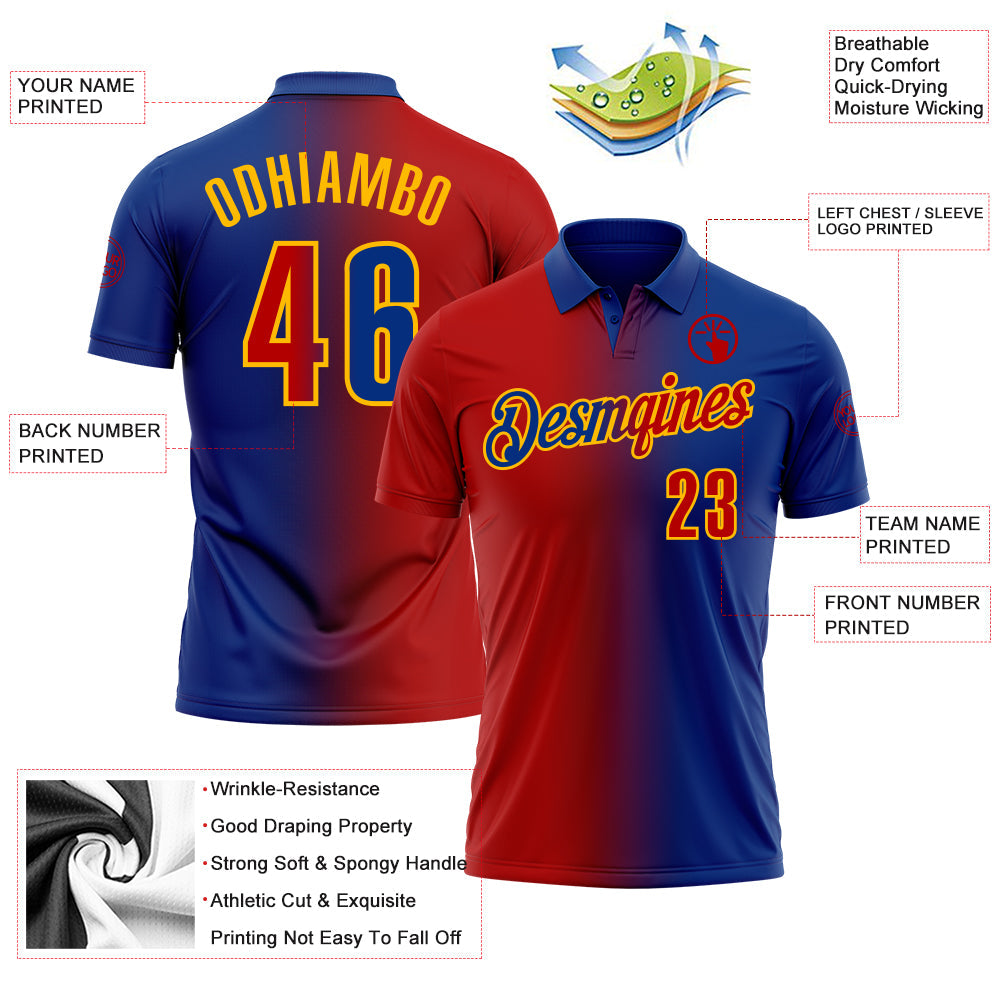 Custom Royal Red-Gold 3D Gradient Fashion Performance Polo Shirt view 3