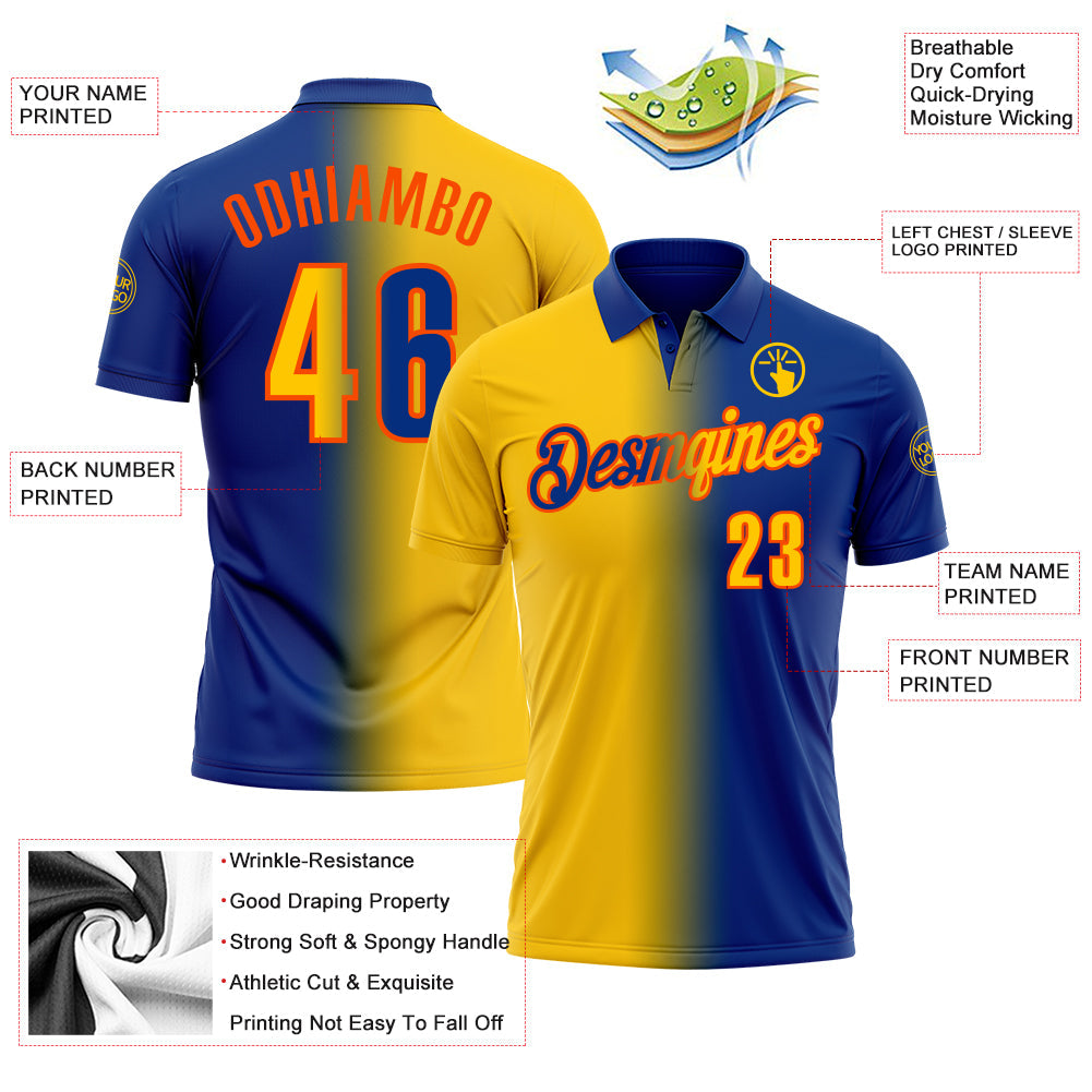 Custom Royal Yellow-Orange 3D Gradient Fashion Performance Polo Shirt view 3
